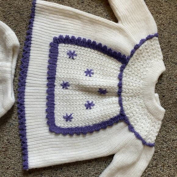 Vintage Acrylic Knit Baby 3-12M Outfit 2 Piece Set White Purple Pants Sweater - Picture 3 of 6